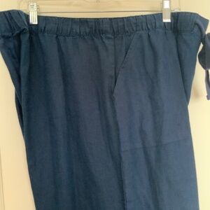 ELLEN TRACY Linen Crop Cuffed Pants, Drawstring, Navy Blue, sz XL